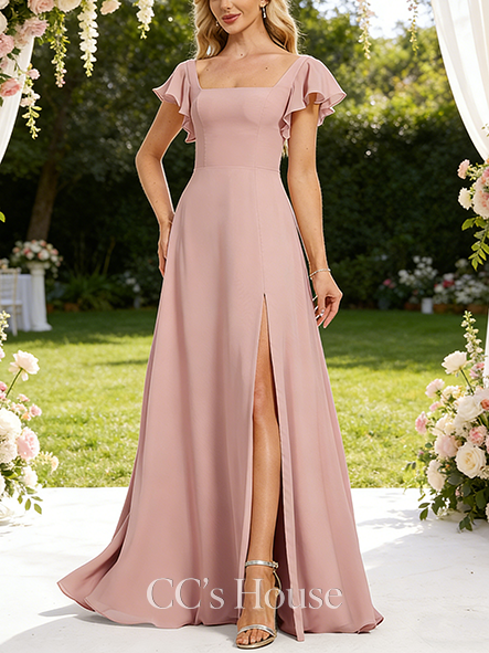 A-line Classic Square Floor-Length Chiffon Bridesmaid Dress With Ruffle