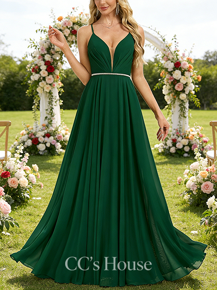 Maternity Friendly A-line Glamorous V-Neck Floor-Length Chiffon Bridesmaid Dress With Beading