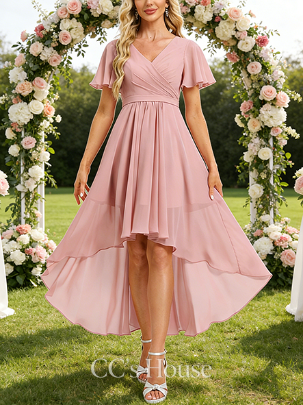 A-line Bold V-Neck Asymmetrical Chiffon Bridesmaid Dress