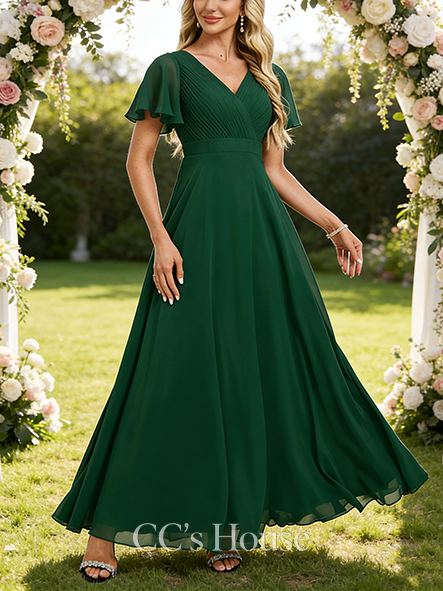 A-line Polished V-Neck Floor-Length Chiffon Bridesmaid Dress With Pleated