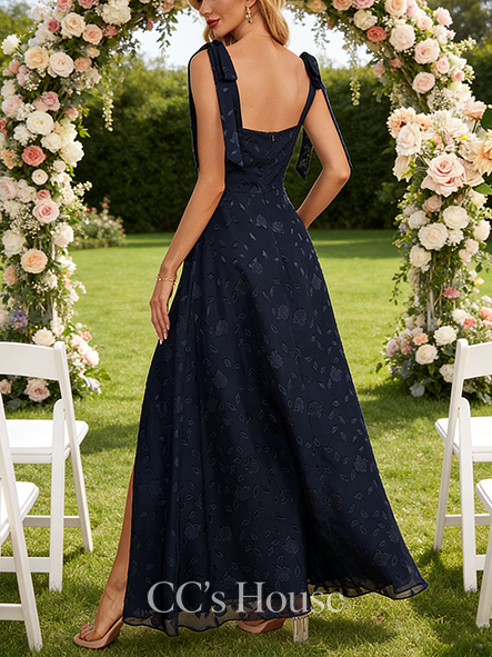 A-line Lovely Square Floor-Length Chiffon Bridesmaid Dress With Bow Black and White