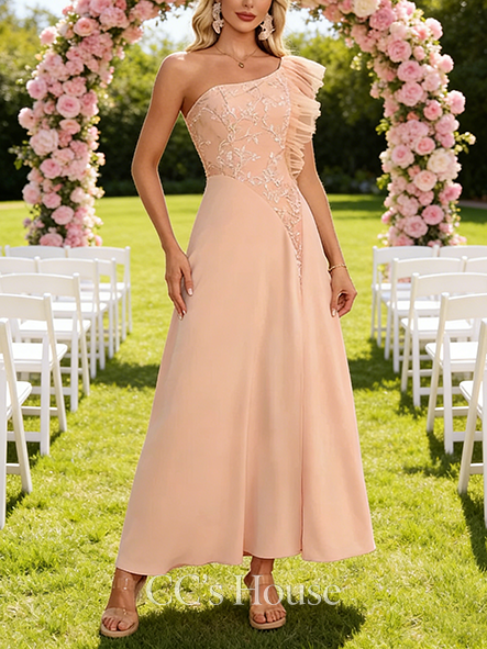 Under $100 A-line Exquisite One Shoulder Ankle-Length Jacquard Charmeuse Tulle Bridesmaid Dress With Embroidered