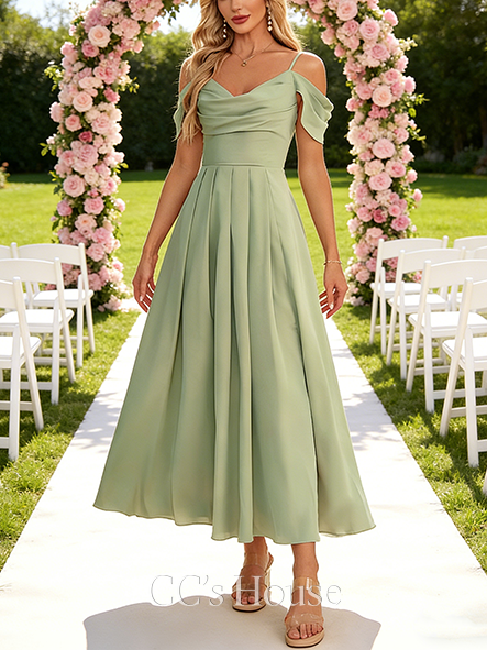A-line Sleek V-Neck Ankle-Length Charmeuse Bridesmaid Dress With Pleated