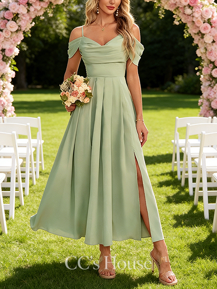 Under $70 A-line Sleek V-Neck Ankle-Length Charmeuse Bridesmaid Dress With Pleated