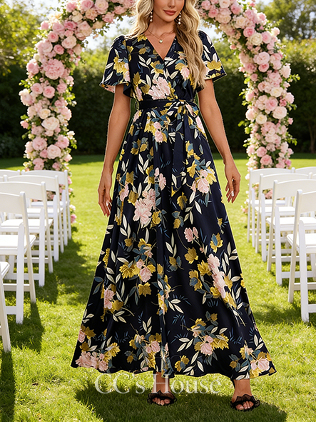 A-line Luxurious V-Neck Floor-Length Satin Bridesmaid Dress