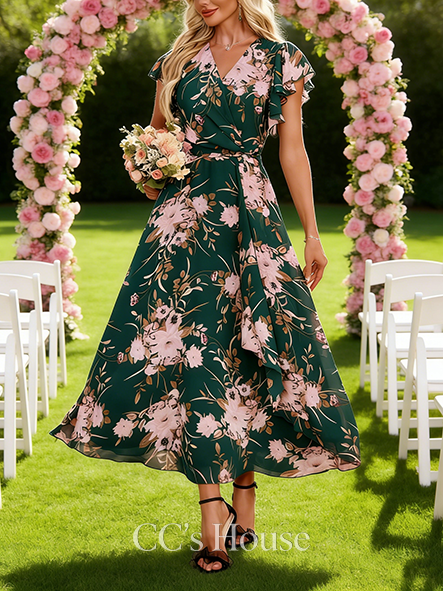 Short A-line Breezy V-Neck Ankle-Length Chiffon Bridesmaid Dress With Ruffle