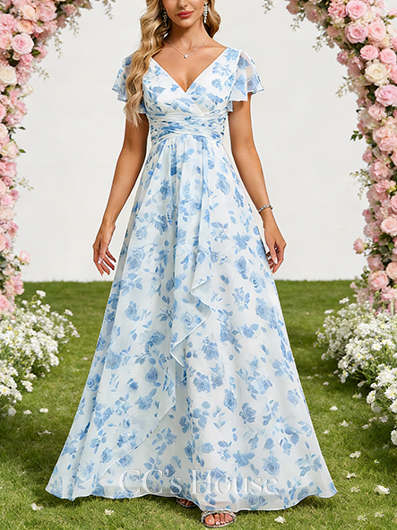 A-line Dreamy V-Neck Floor-Length Chiffon Bridesmaid Dress With Ruffle