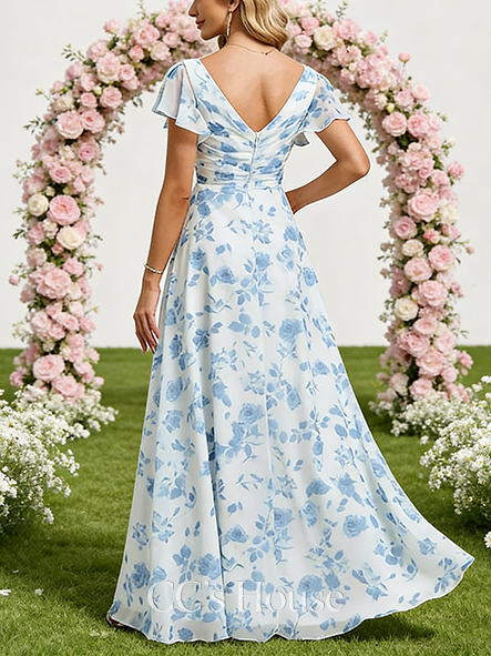 A-line Dreamy V-Neck Floor-Length Chiffon Bridesmaid Dress With Ruffle