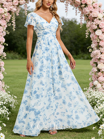 A-line Dreamy V-Neck Floor-Length Chiffon Bridesmaid Dress With Ruffle