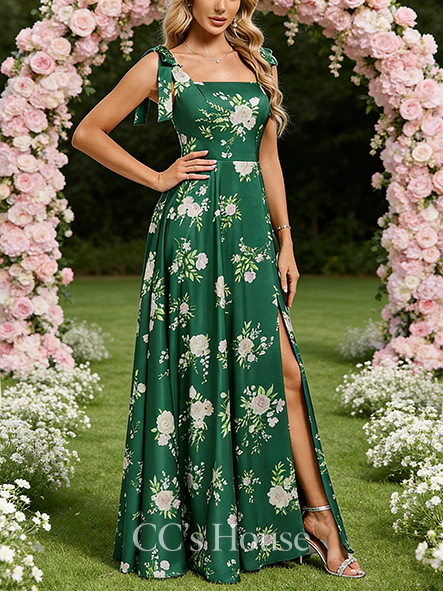 Under $100 A-line Stylish Square Floor-Length Matte Satin Bridesmaid Dress With Bow