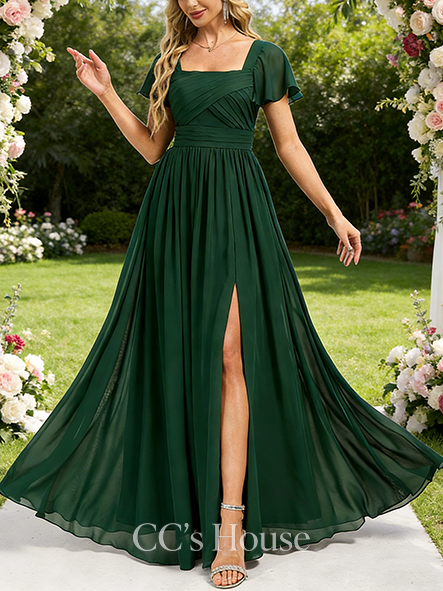 Maternity Friendly A-line Ethereal Square Floor-Length Chiffon Bridesmaid Dress With Ruffle