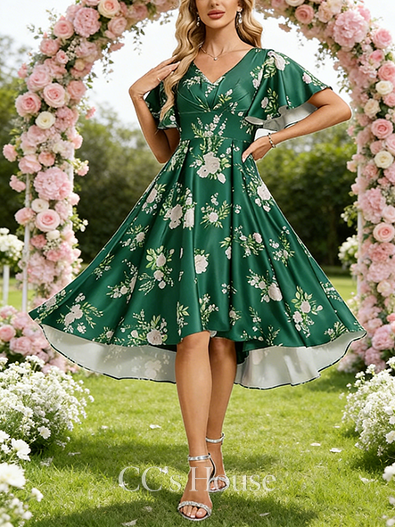 Short A-line Bold V-Neck Asymmetrical Matte Satin Bridesmaid Dress With Ruffle