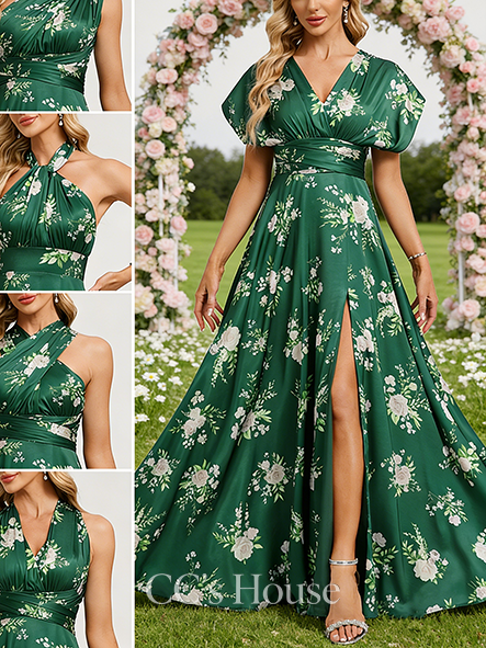 A-line Unique One Shoulder V-Neck Halter Floor-Length Matte Satin Bridesmaid Dress