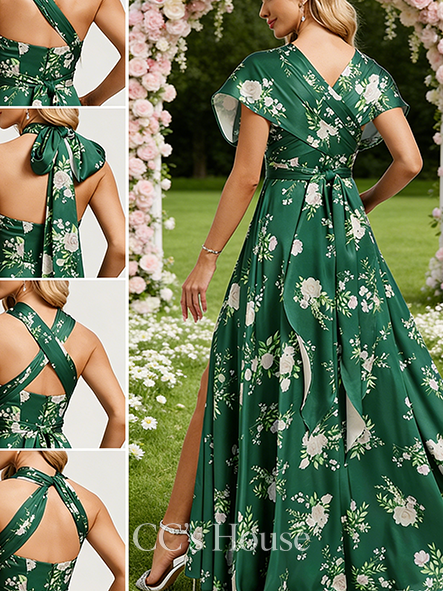 A-line Unique One Shoulder V-Neck Halter Floor-Length Matte Satin Bridesmaid Dress