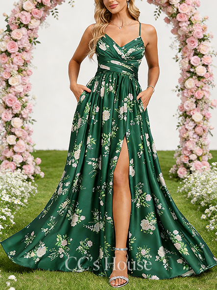 A-line Rich V-Neck Floor-Length Matte Satin Bridesmaid Dress