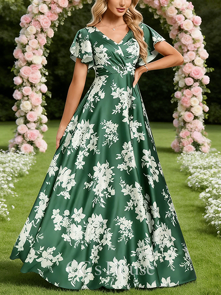 A-line Luxe V-Neck Floor-Length Matte Satin Bridesmaid Dress With Ruffle