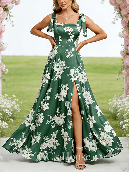 A-line Chic Square Floor-Length Matte Satin Bridesmaid Dress With Bow