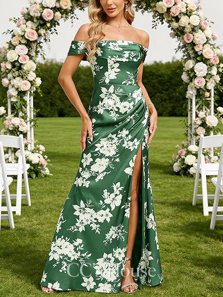 A-line Opulent Off the Shoulder Floor-Length Matte Satin Bridesmaid Dress With Ruffle