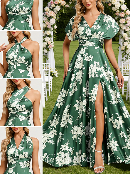 A-line Fancy One Shoulder V-Neck Halter Floor-Length Matte Satin Bridesmaid Dress