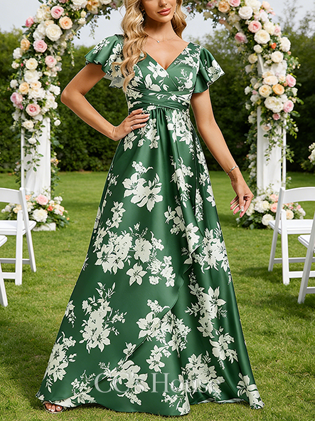 A-line Plush V-Neck Floor-Length Matte Satin Bridesmaid Dress With Ruffle