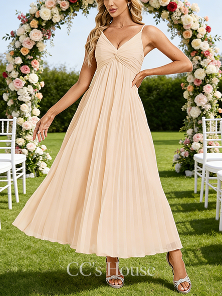 A-line Fitted V-Neck Ankle-Length Chiffon Bridesmaid Dress With Pleated