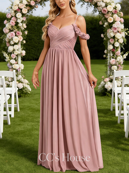 New Arrival A-line Delicate Cold Shoulder Floor-Length Mesh Bridesmaid Dress With 3D Floral