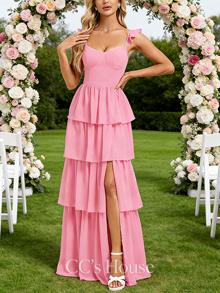 Under $100 A-line Romantic V-Neck Floor-Length Chiffon Bridesmaid Dress With Ruffle