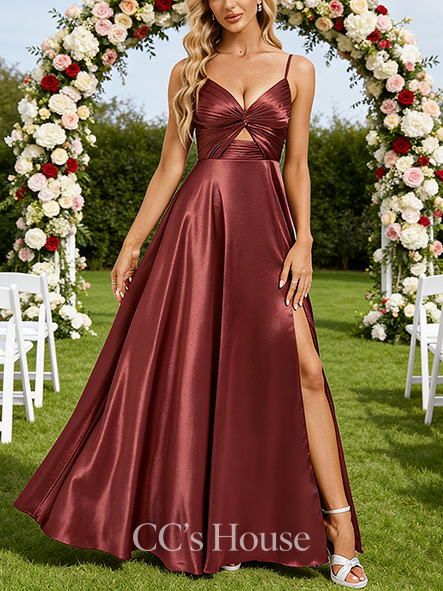 Plus Size A-line Smooth V-Neck Floor-Length Stretch Satin Bridesmaid Dress With Pleated