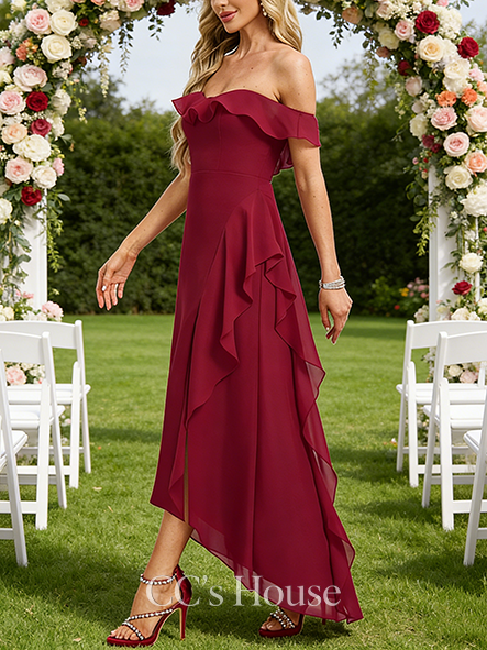 New Arrival A-line Dramatic Off the Shoulder Asymmetrical Chiffon Bridesmaid Dress With Cascading Ruffles New Arrival A-line Dramatic Off the Shoulder Asymmetrical Chiffon Bridesmaid Dress With Cascading Ruffles
