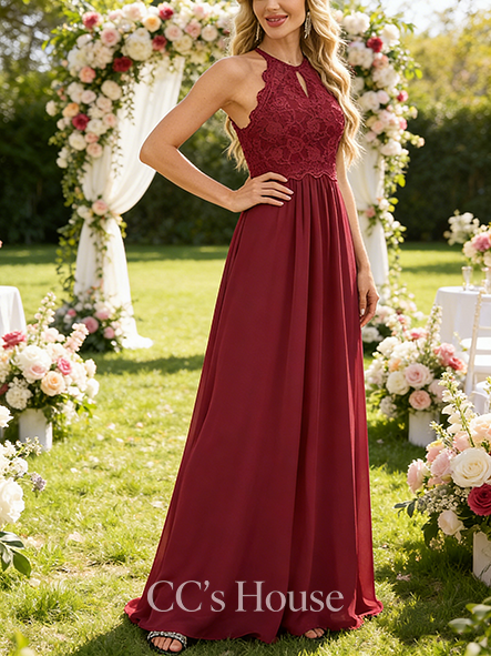 A-line Dreamy Scoop Floor-Length Lace Chiffon Bridesmaid Dress