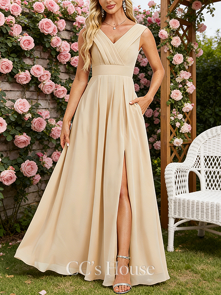 Junior A-line Refined V-Neck Floor-Length Chiffon Bridesmaid Dress