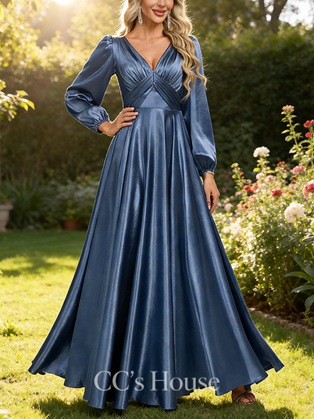 Plus Size A-line Rich V-Neck Floor-Length Stretch Satin Bridesmaid Dress