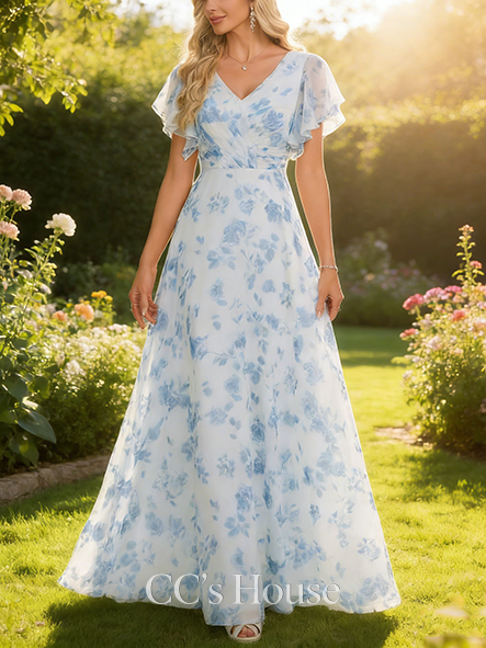 Maternity Friendly A-line Dreamy V-Neck Floor-Length Chiffon Bridesmaid Dress With Ruffle