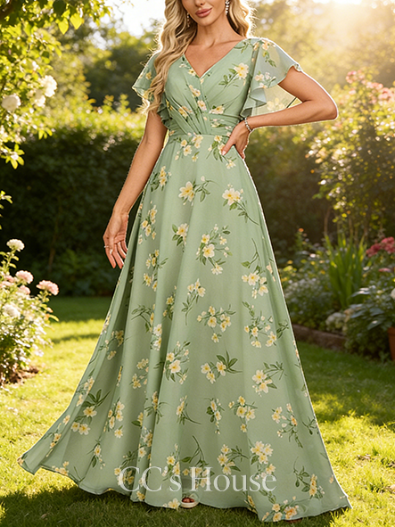 Plus Size A-line Ethereal V-Neck Floor-Length Chiffon Bridesmaid Dress With Ruffle