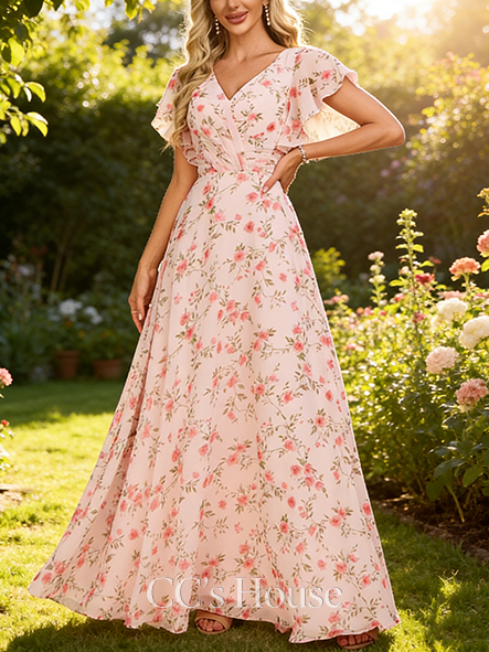 A-line Graceful V-Neck Floor-Length Chiffon Bridesmaid Dress With Ruffle