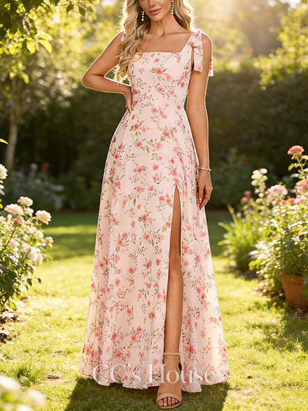 A-line Pretty Square Floor-Length Chiffon Bridesmaid Dress With Bow Black and White