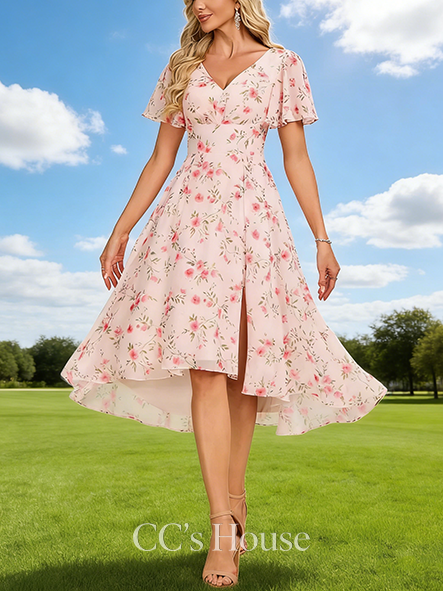 Junior A-line Trendy V-Neck Asymmetrical Chiffon Bridesmaid Dress With Ruffle