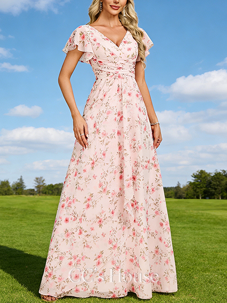 Junior A-line Ethereal V-Neck Floor-Length Chiffon Bridesmaid Dress With Ruffle