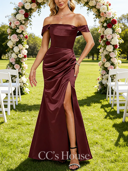 Junior A-line Regal Off the Shoulder Floor-Length Satin Bridesmaid Dress With Ruffle