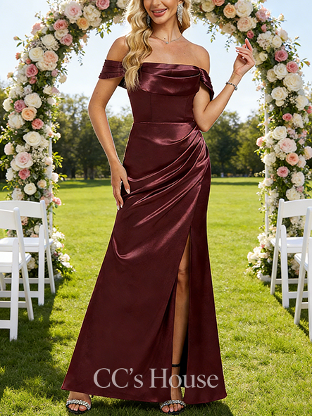New Arrival A-line Stretchy Off the Shoulder Floor-Length Stretch Satin Bridesmaid Dress With Ruffle