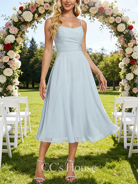A-line Playful V-Neck Tea-Length Chiffon Bridesmaid Dress