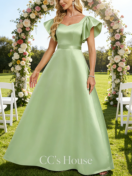 A-line Glamorous V-Neck Floor-Length Satin Bridesmaid Dress With Ruffle