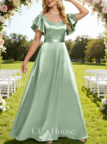 A-line Comfortable V-Neck Floor-Length Stretch Satin Bridesmaid Dress With Ruffle