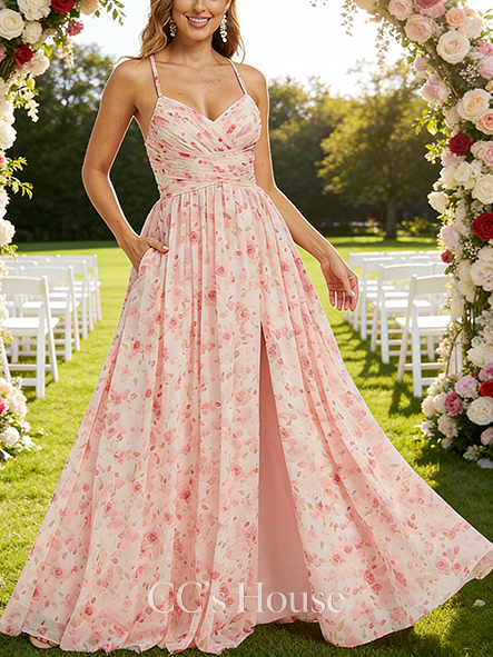 Maternity Friendly A-line Clean V-Neck Floor-Length Chiffon Bridesmaid Dress