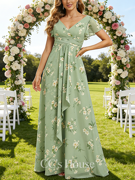Maternity Friendly A-line Dreamy V-Neck Floor-Length Chiffon Bridesmaid Dress With Ruffle