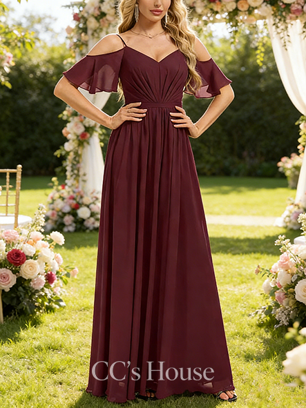 A-line Enchanting V-Neck Floor-Length Chiffon Bridesmaid Dress With Ruffle