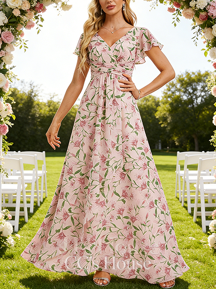 New Arrival A-line Romantic V-Neck Floor-Length Chiffon Bridesmaid Dress With Ruffle