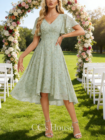 Under $100 A-line Fashionable V-Neck Asymmetrical Chiffon Bridesmaid Dress With Ruffle