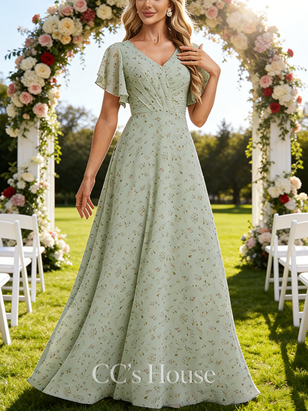 Junior A-line Graceful V-Neck Floor-Length Chiffon Bridesmaid Dress With Ruffle