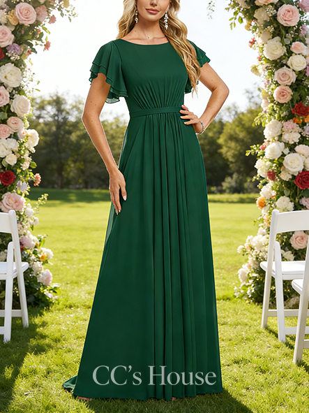 Under $100 A-line Sweet Scoop Floor-Length Mesh Bridesmaid Dress With Ruffle